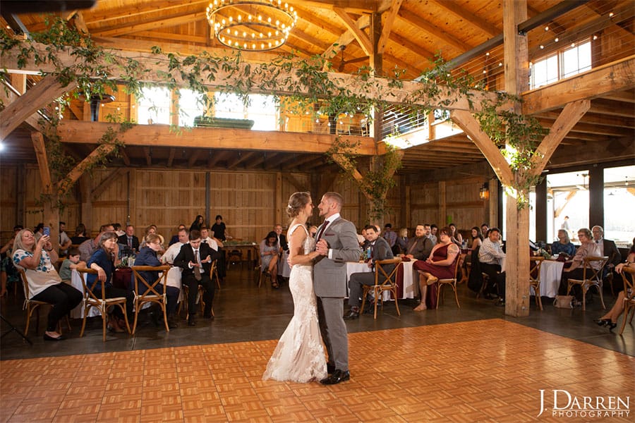 The bride and groom dancing.