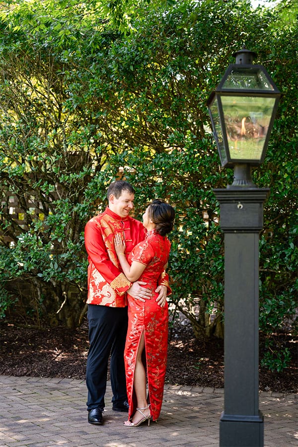 The bride and groom standing together.